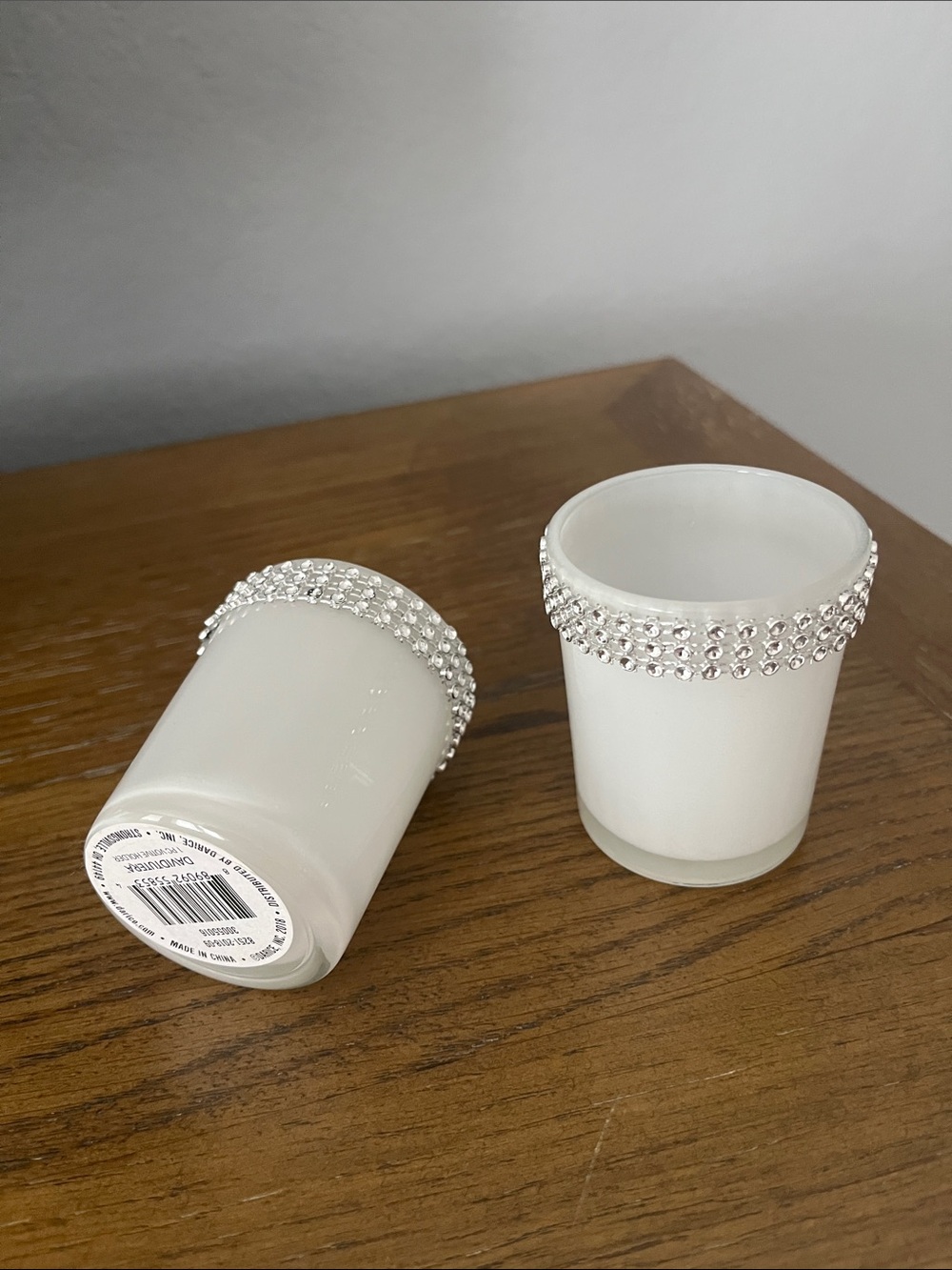 Rhinestone-Trim White Votive Candle Holders - Set of 2